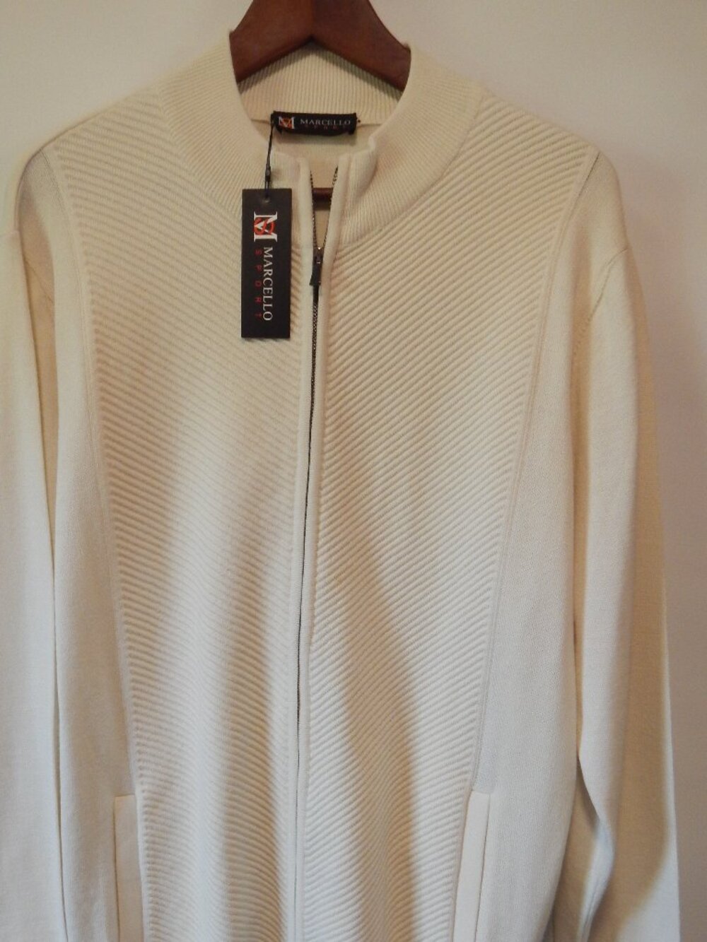 Marcello Sport's Ecru Zip Mock Merino Wool Cardigan XL Mens NWT